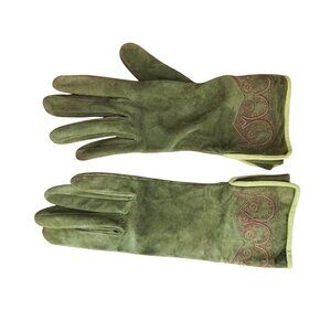 Vintage Dark Green Women's Slim Gloves, Suede Leather Size 7.5 Embroidered Small